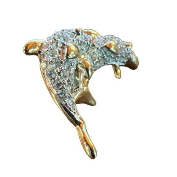 Dolphin-Themed Gold Tone Rhinestone Encrusted Brooch Pin - Picture 8 of 11